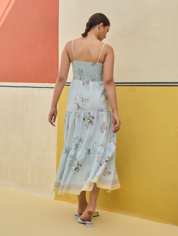Hena Watercolour Floral Tiered Dress - Sky