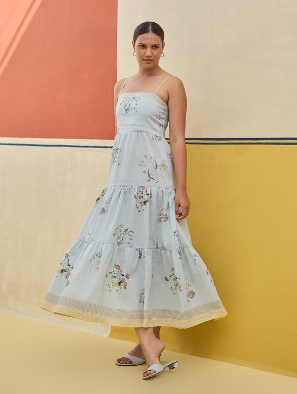 Hena Watercolour Floral Tiered Dress - Sky