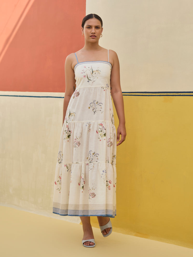 Hena Watercolour Floral Tiered Dress - Ivory