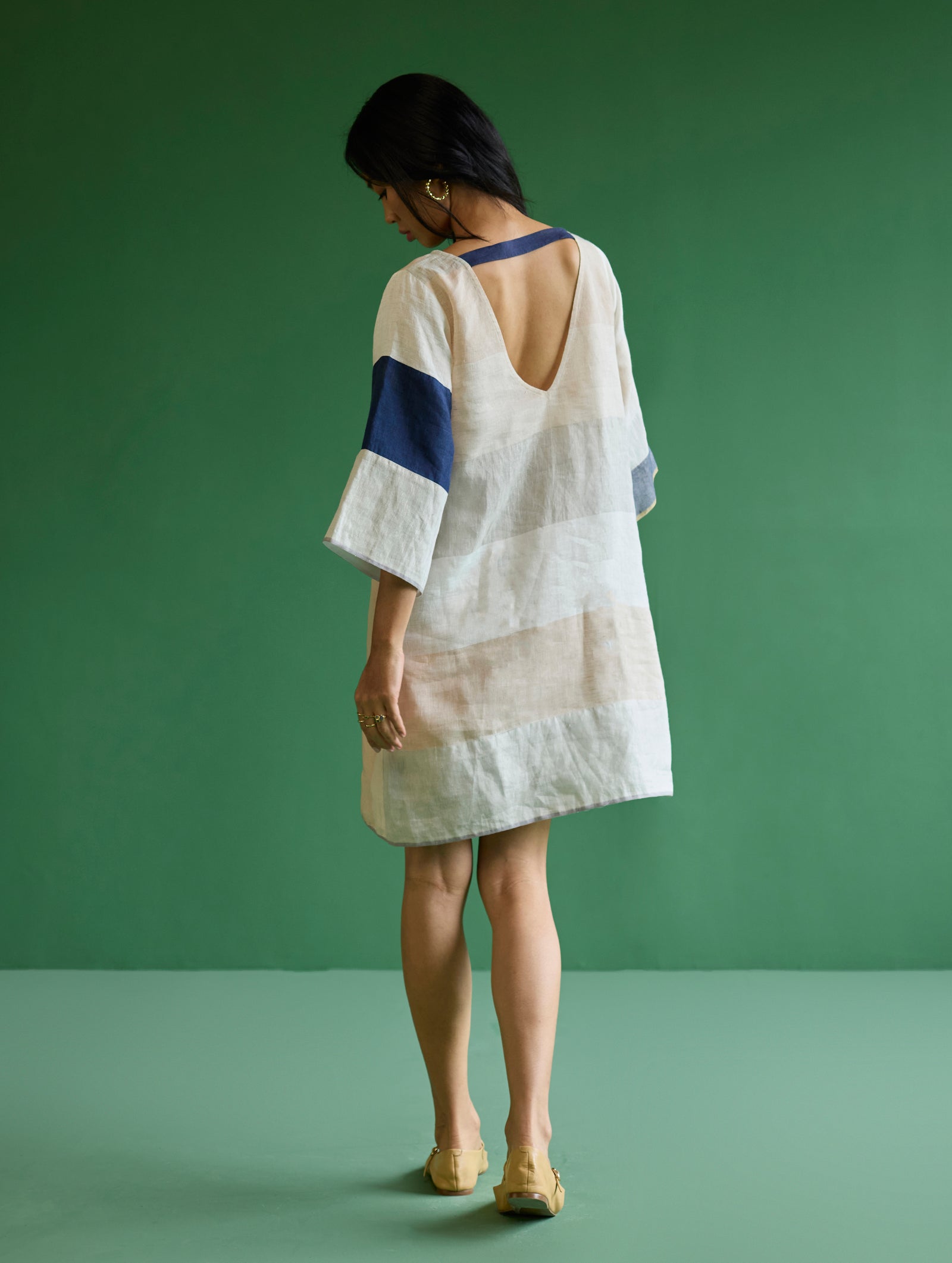 Lina Color-Blocked Linen Dress - Ivory L