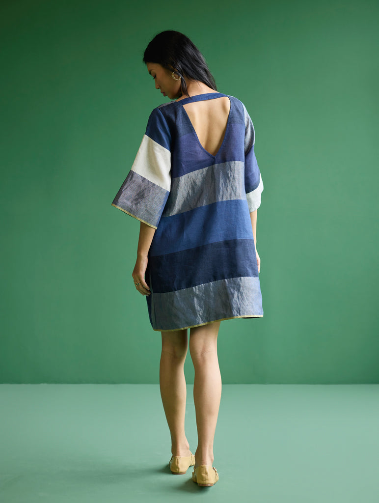 Lina Color-Blocked Linen Dress - Navy