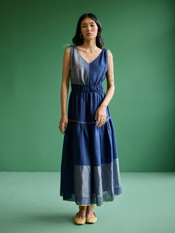Aria Metallic Linen Dress - Navy
