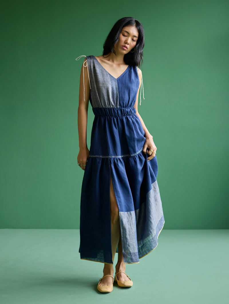 Aria Metallic Linen Dress - Navy Manan Aria Metallic Linen Dress - Navy Manan
