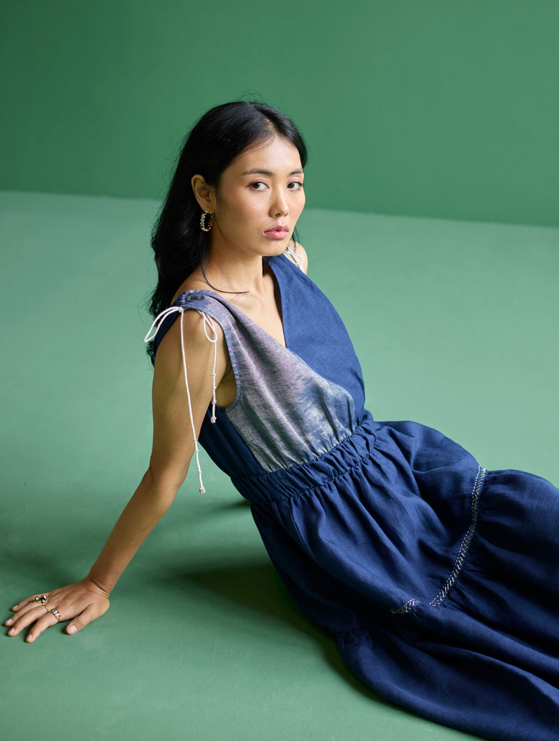 Aria Metallic Linen Dress - Navy Manan Aria Metallic Linen Dress - Navy Manan