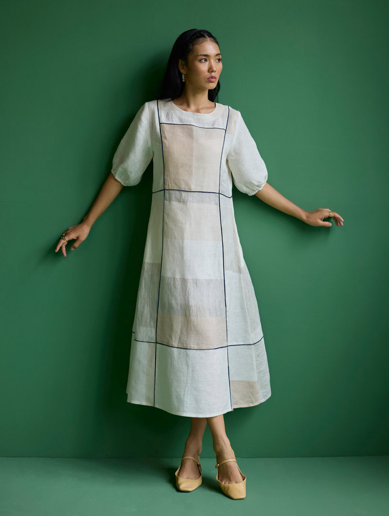 Sehr Metallic Linen Piping Dress - Ivory L / Add Slip + INR 2500 Sehr Metallic Linen Piping Dress - Ivory L / Add Slip + INR 2500