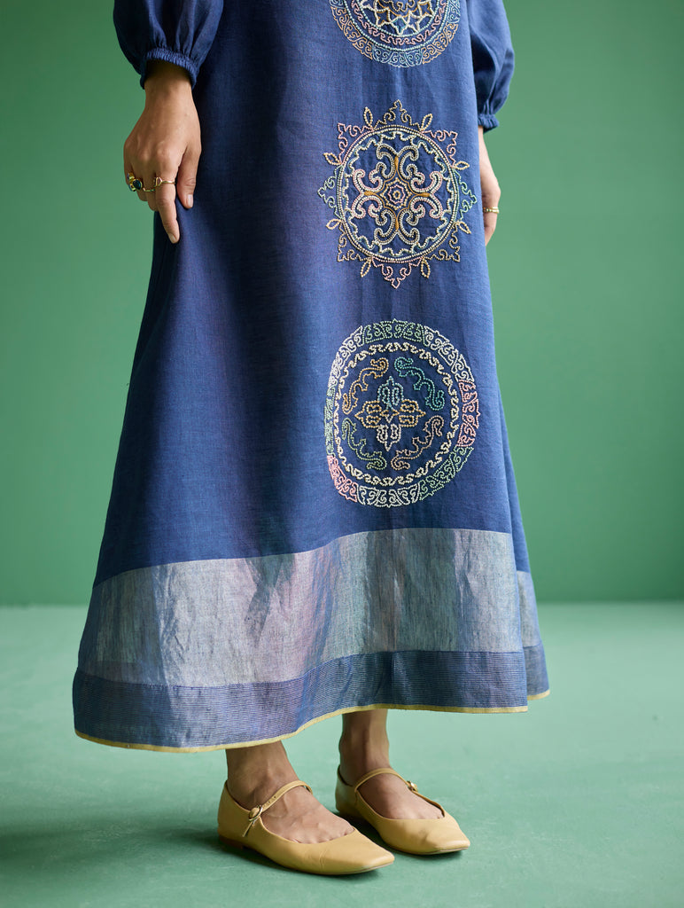 Eira Hand-Embroidered Linen Dress - Navy  Manan