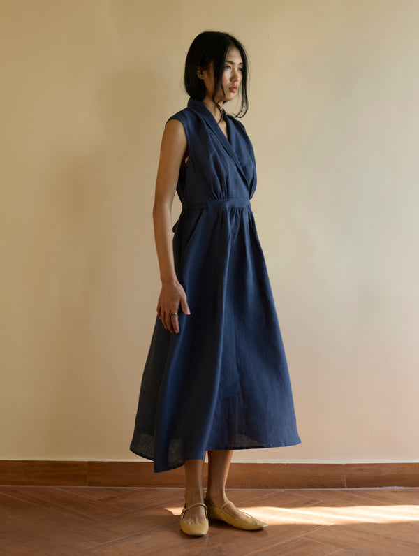 Kara Shawl Collar Linen Dress - Navy
