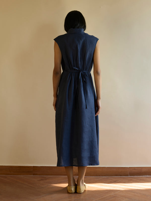 Kara Shawl Collar Linen Dress - Navy