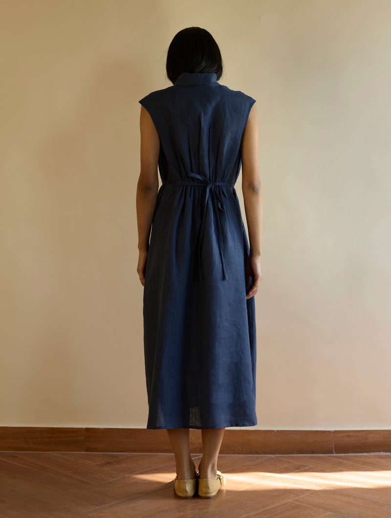 Kara Shawl Collar Linen Dress - Navy