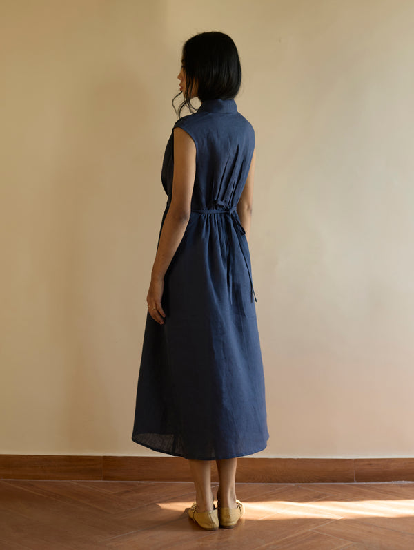 Kara Shawl Collar Linen Dress - Navy
