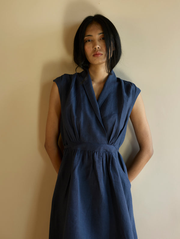 Kara Shawl Collar Linen Dress - Navy