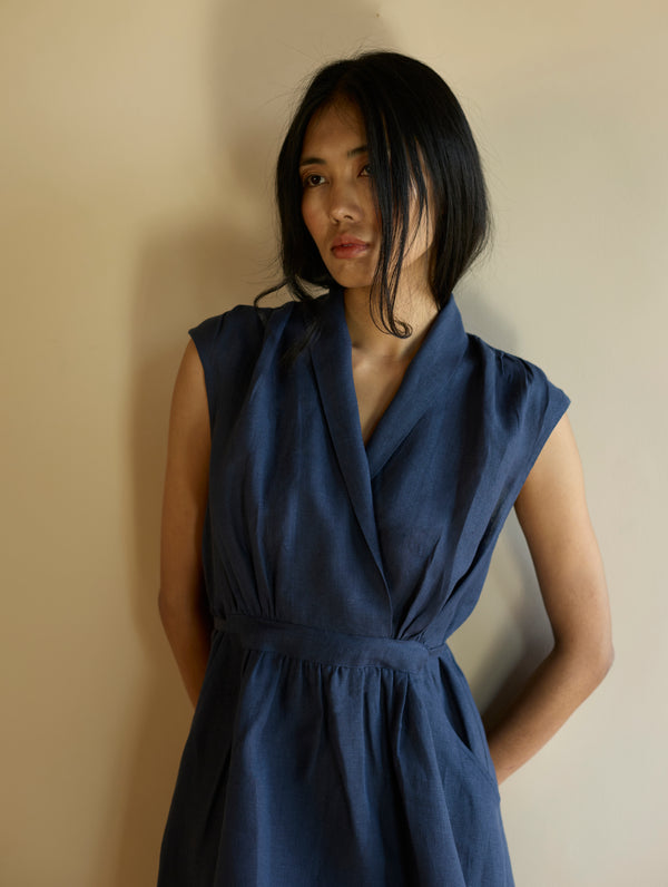 Kara Shawl Collar Linen Dress - Navy