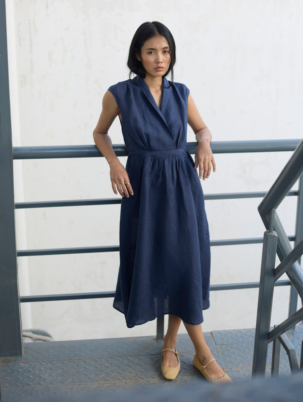 Kara Shawl Collar Linen Dress - Navy