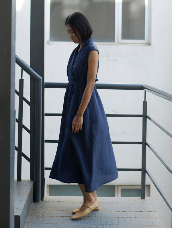 Kara Shawl Collar Linen Dress - Navy