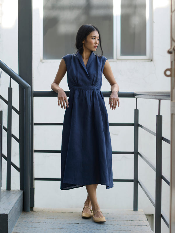Kara Shawl Collar Linen Dress - Navy