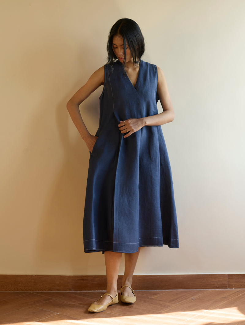 Keta Pleated Linen Dress - Navy