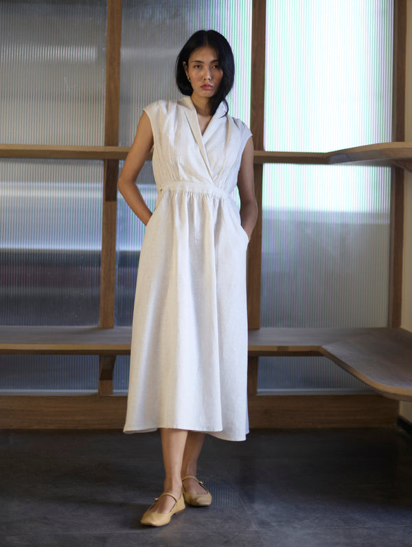 Kara Shawl Collar Linen Dress - Ivory