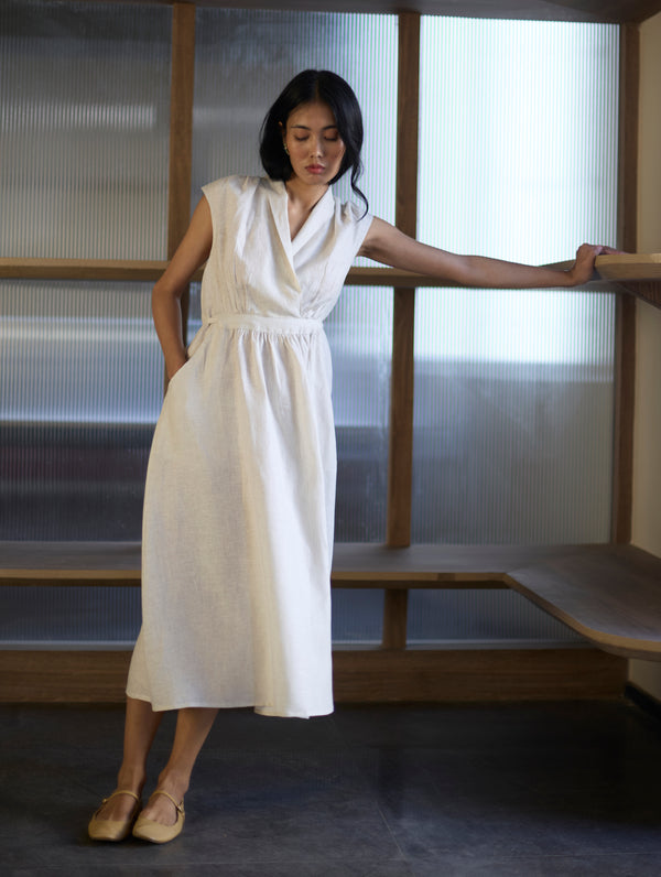 Kara Shawl Collar Linen Dress - Ivory