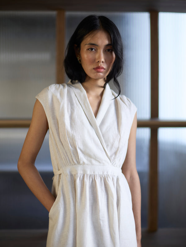 Kara Shawl Collar Linen Dress - Ivory