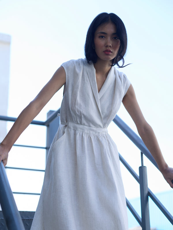 Kara Shawl Collar Linen Dress - Ivory