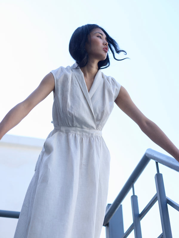Kara Shawl Collar Linen Dress - Ivory