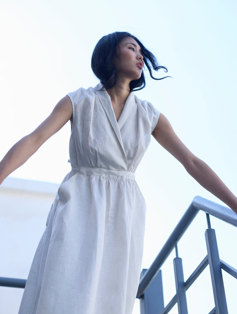 Kara Shawl Collar Linen Dress - Ivory