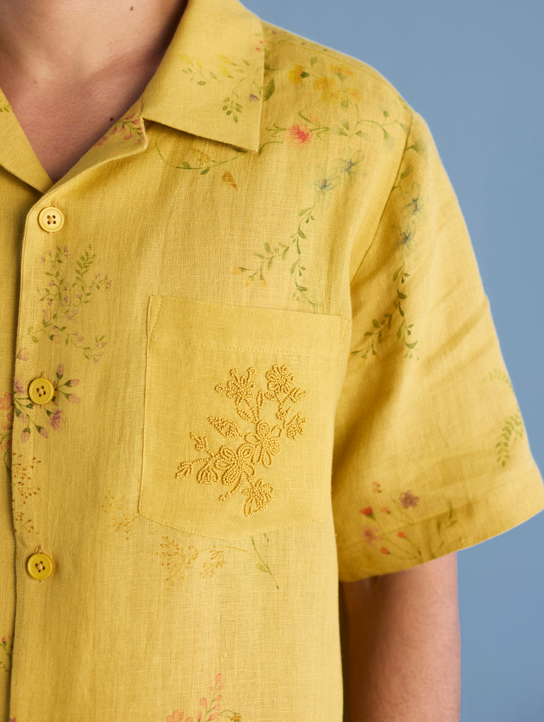 Haru Embroidered Pocket Floral Linen Shirt - Ochre