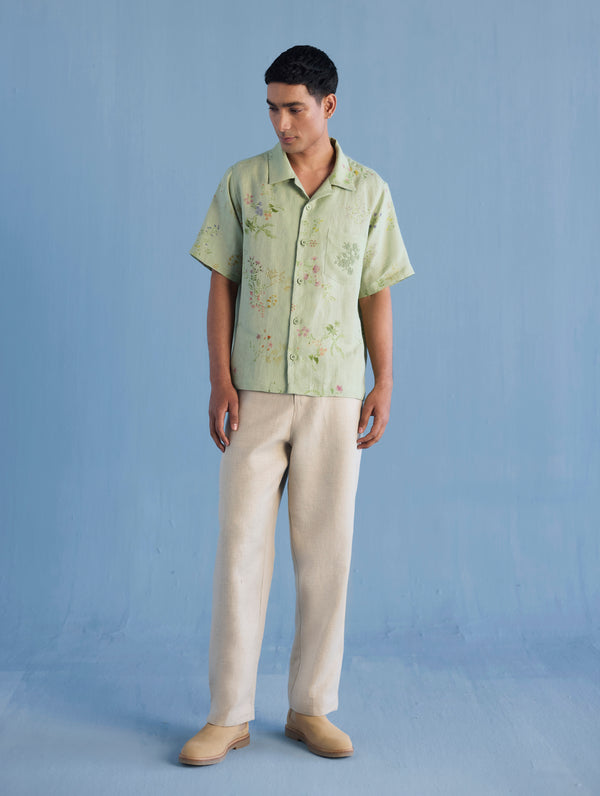 Haru Embroidered Pocket Floral Linen Shirt - Mint