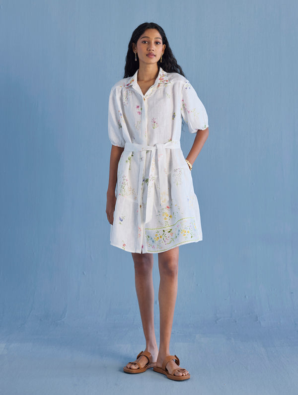 Sia Hand-Embroidered Floral Dress - White