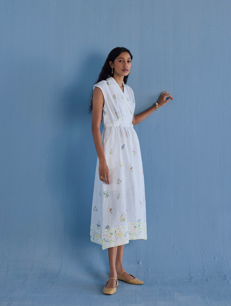 printed linen dress Mema Shawl Collar Printed Linen Dress
