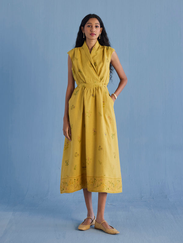 Mema Shawl Collar Printed Linen Dress - Ochre