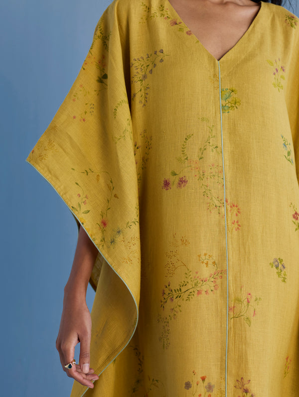 Eva Floral Linen Kaftan Dress - Ochre
