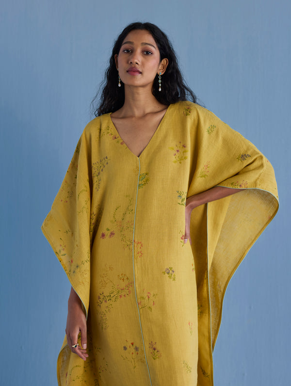 Eva Floral Linen Kaftan Dress - Ochre