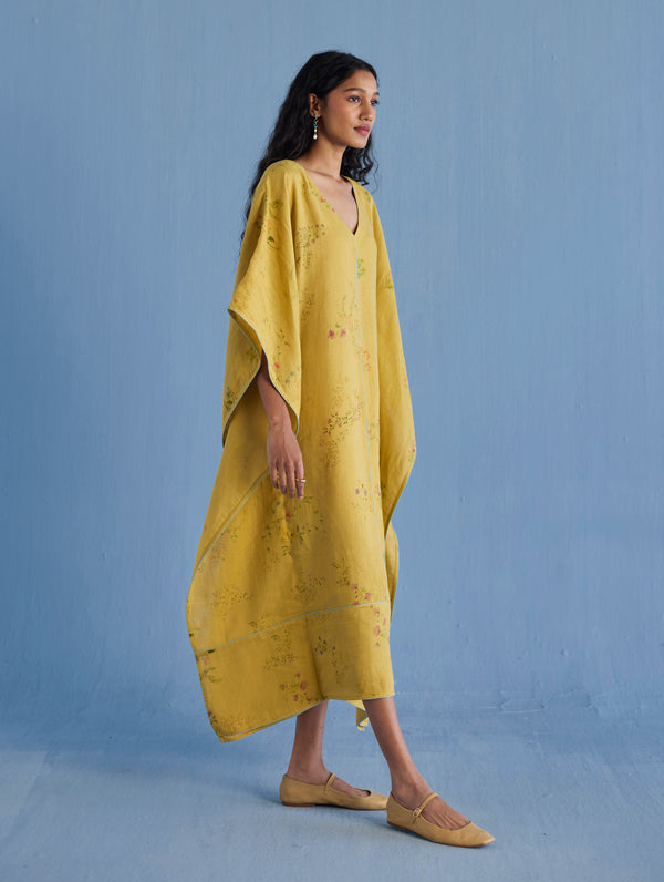 Eva Floral Linen Kaftan Dress - Ochre