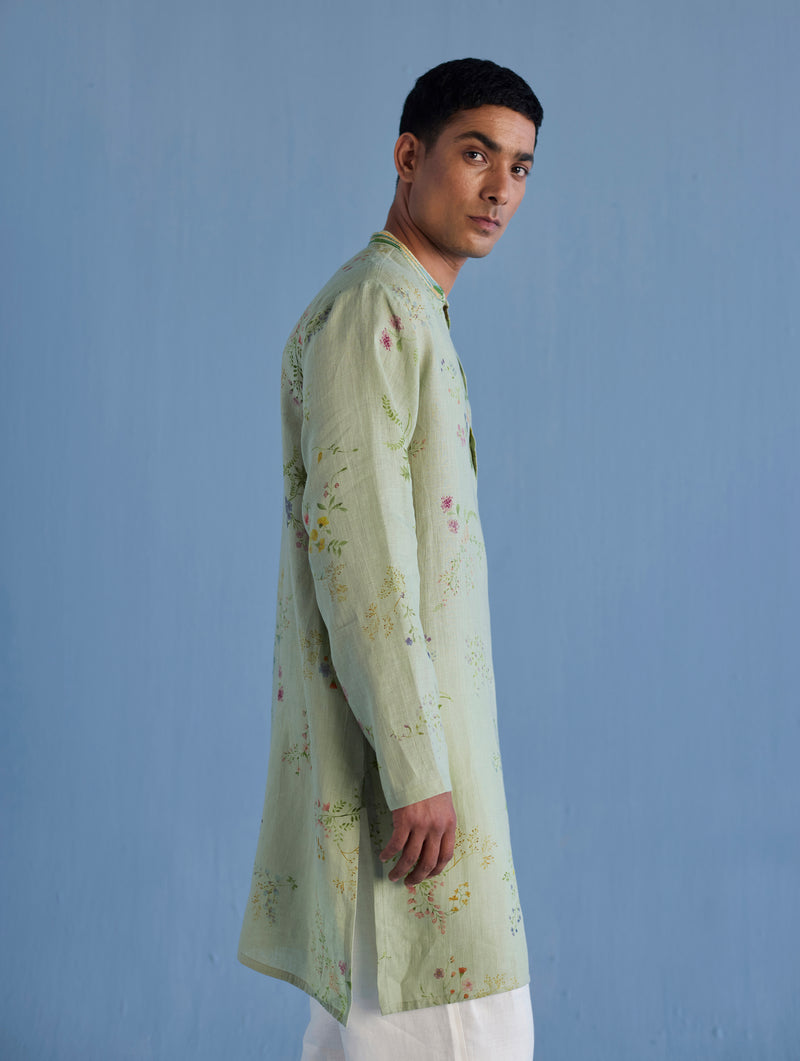 Ahan Floral Printed Kurta with Embroidered Collar - Mint