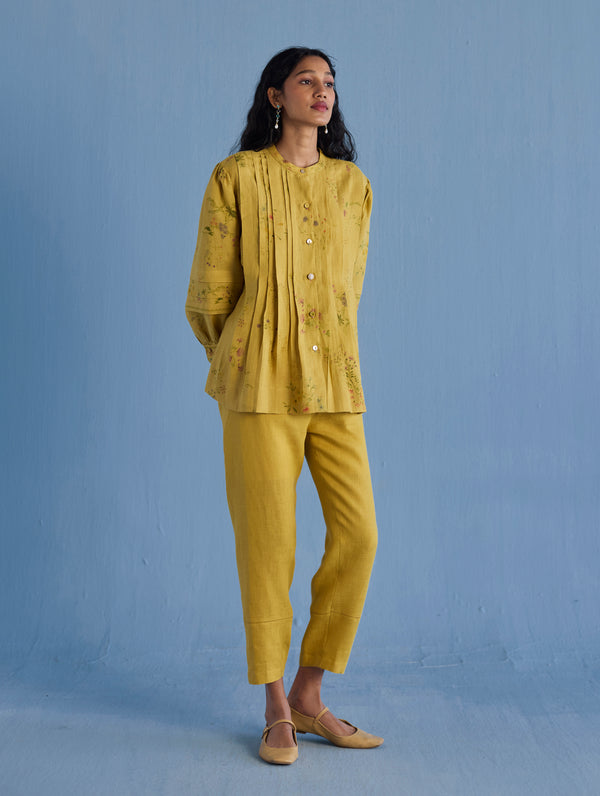 Akavi Pleated Floral Linen Co-ord Set  - Ochre