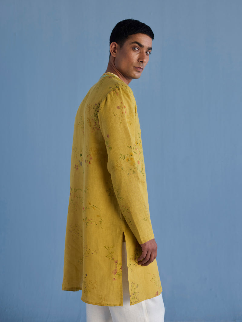 Ahan Floral Printed Kurta with Embroidered Collar - Ochre