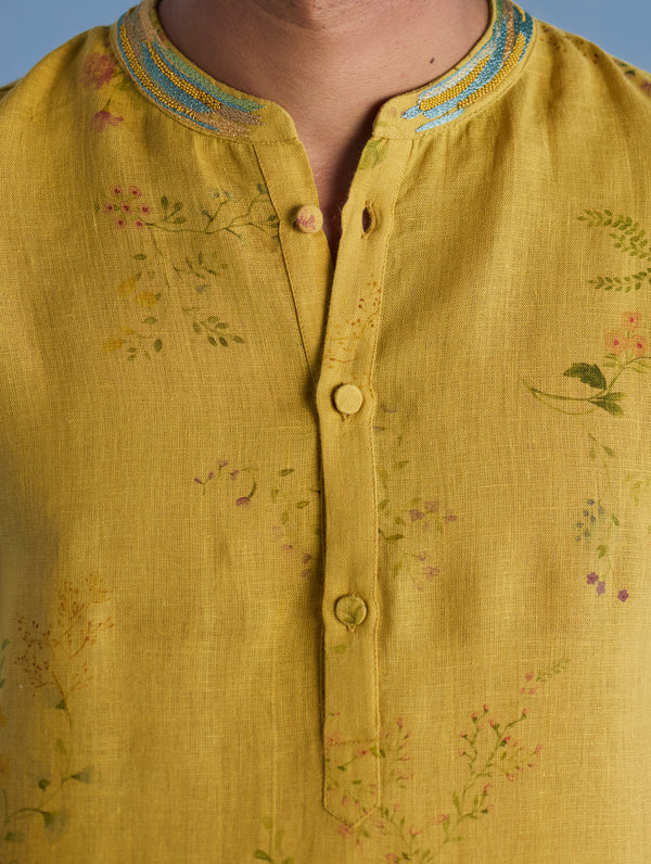 Ahan Floral Printed Kurta with Embroidered Collar - Ochre