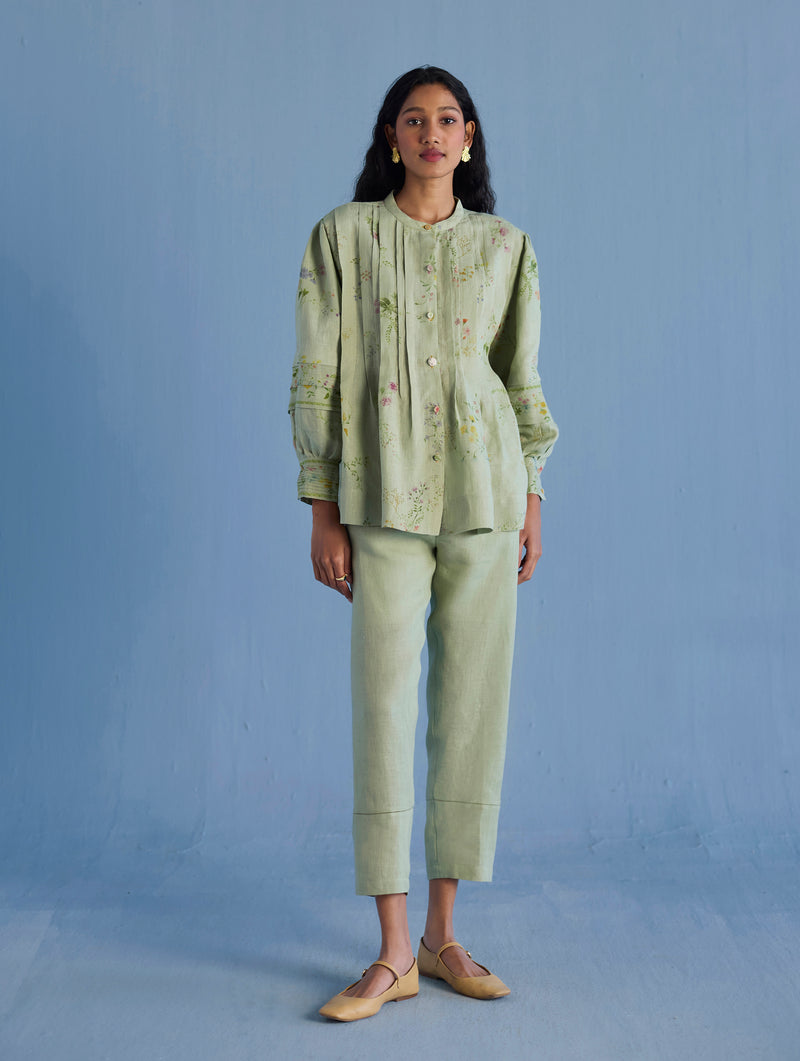 Akavi Pleated Floral Linen Co-ord Set  - Mint
