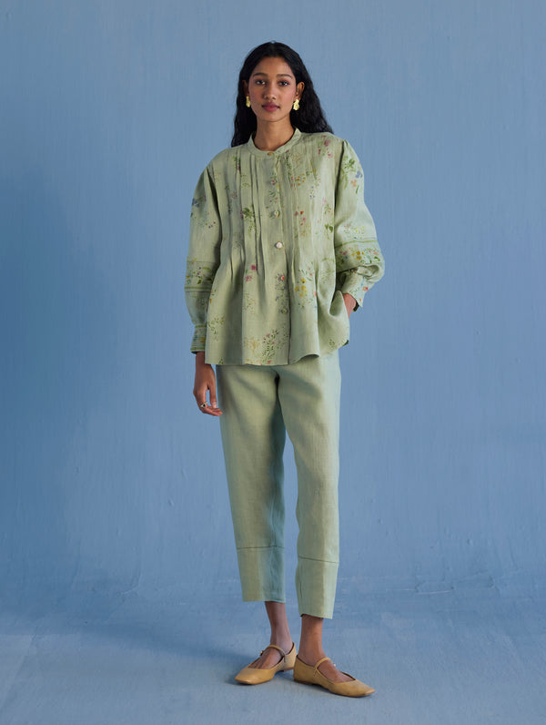 Akavi Pleated Floral Linen Co-ord Set  - Mint