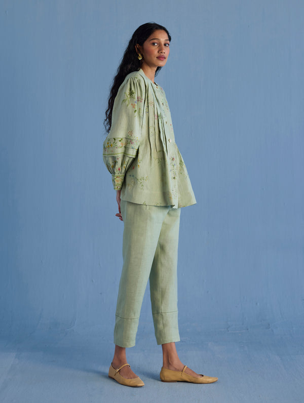 Akavi Pleated Floral Linen Co-ord Set  - Mint