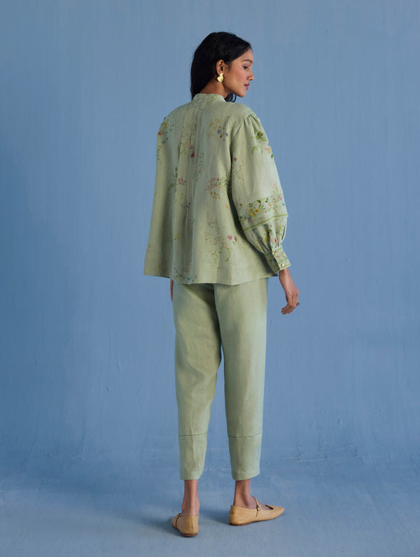 Akavi Pleated Floral Linen Co-ord Set  - Mint