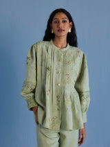 Akavi Pleated Floral Linen Co-ord Set  - Mint