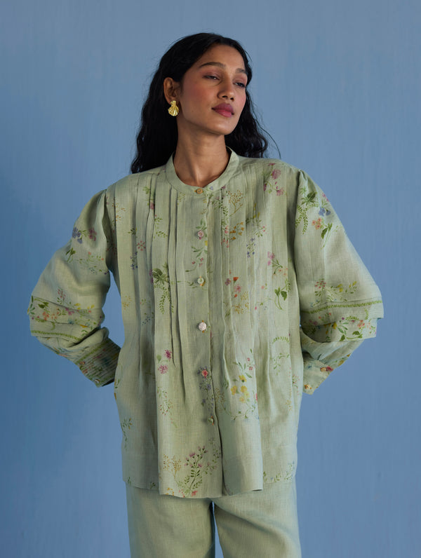 Akavi Pleated Floral Linen Co-ord Set  - Mint