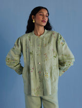 Akavi Pleated Floral Linen Co-ord Set  - Mint