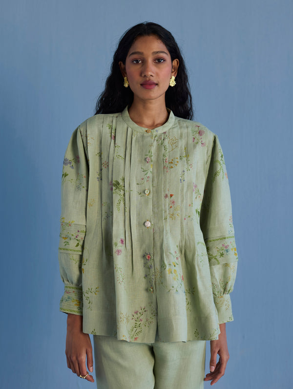 Akavi Pleated Floral Linen Co-ord Set  - Mint