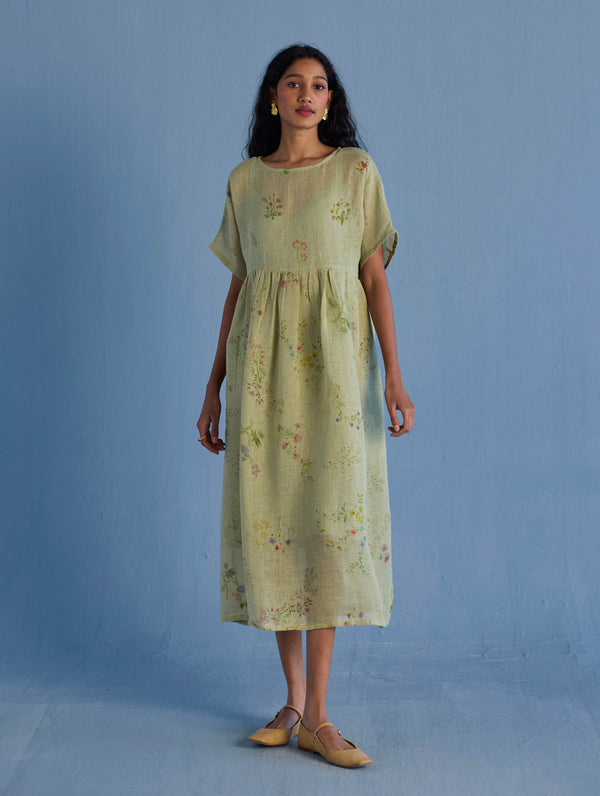 Rasa Floral Printed Sheer Linen Dress - Mint