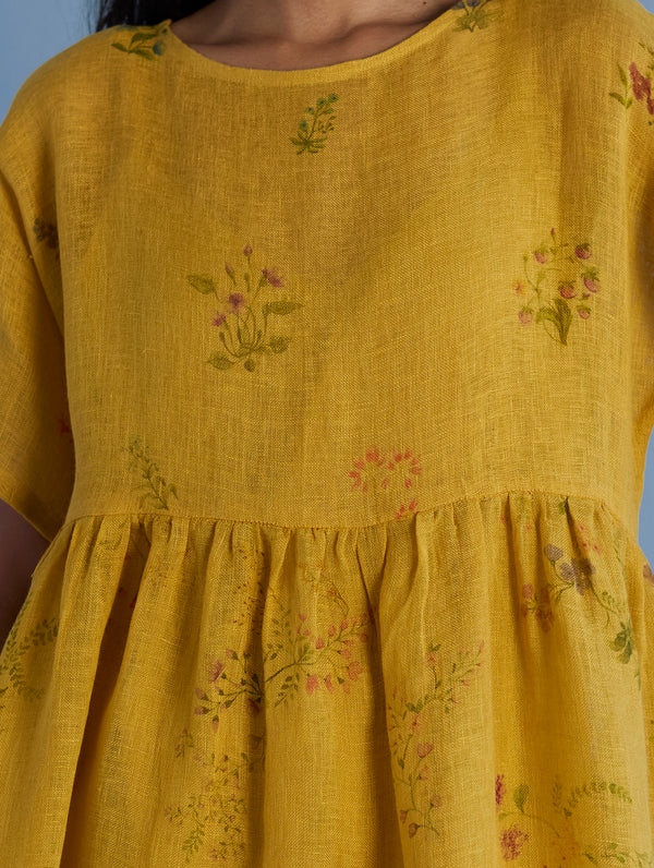 Rasa Floral Printed Sheer Linen Dress - Ochre