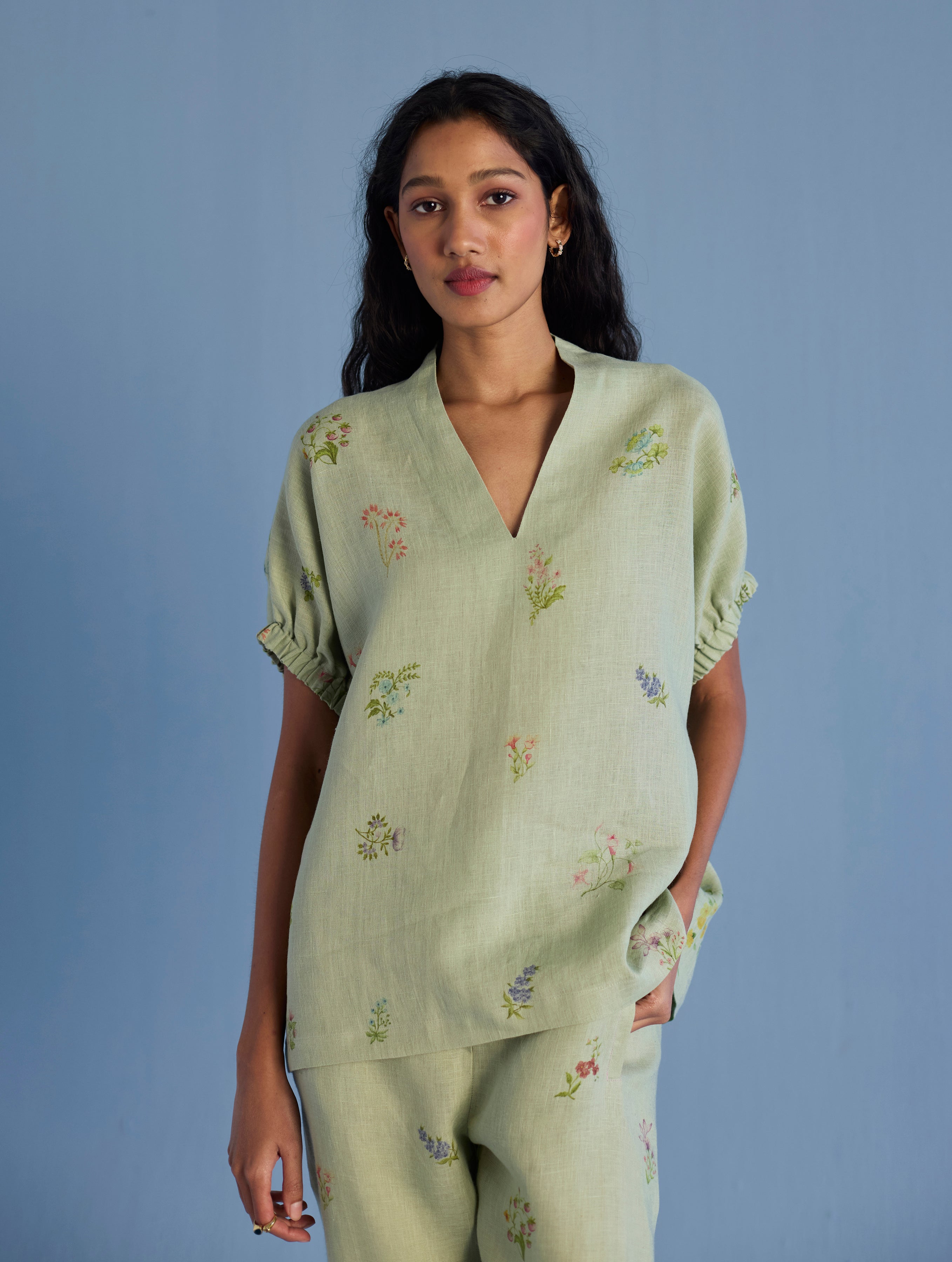 Mihen Elasticated Sleeve Linen Top - Mint – Manan