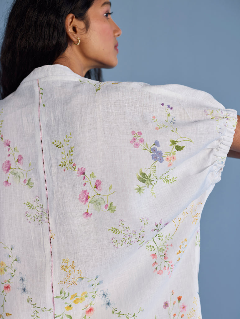 Mihen Elasticated Sleeve Linen Top - White